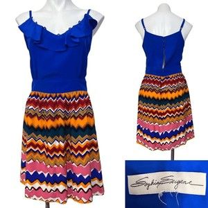 Anthropologie Sophia Eugene BLUE Geometric SILK CASUAL SUMMER DRESS SIZE M/6